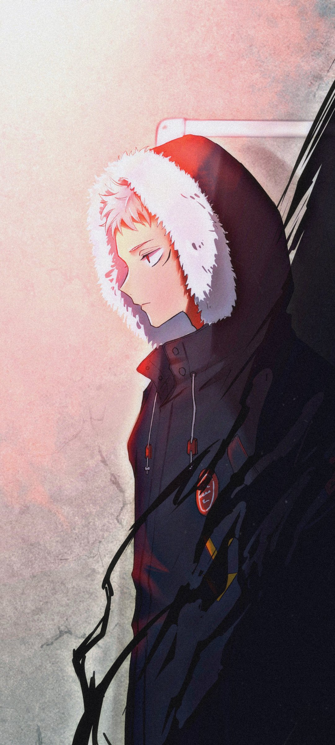 Phone wallpaper of Yuji Itadori from Jujutsu Kaisen in profile, wearing a fur-lined hooded coat against a moody pink-gray background with dark, tendril-like shadows.