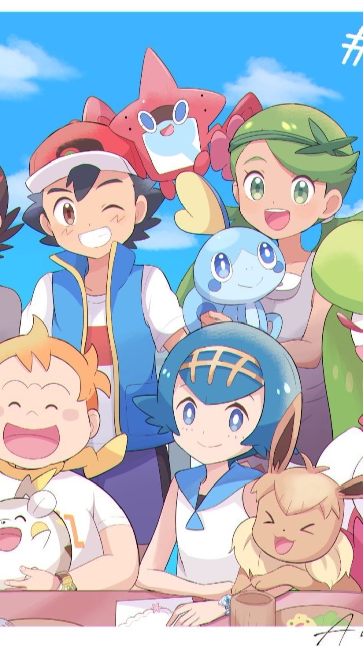 Bright anime-style Pokémon group portrait of smiling trainers and Pokémon, made as a phone wallpaper for iPhones and Android phones.