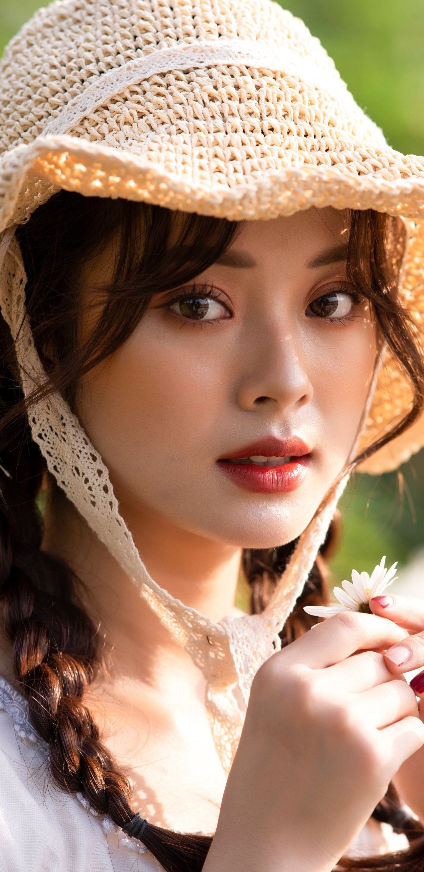 Download Model Braid Brunette Hat Woman Asian Phone Wallpaper
