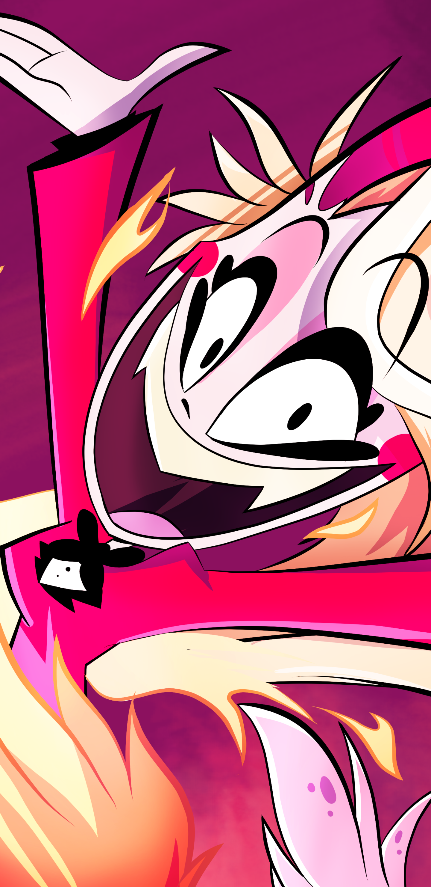Hazbin Hotel phone wallpaper showing a wide-eyed, grinning demon with flame-like hair in bold pink, red, and yellow hues — dynamic close-up in a cartoonish, energetic style.