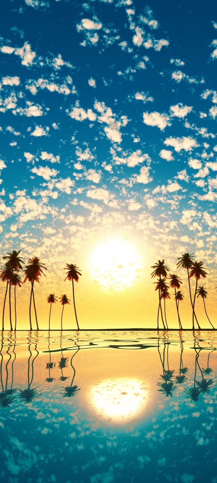 Phone wallpaper of tall palm trees silhouetted against a glowing sun and scattered clouds, their reflections mirrored on calm tropical water beneath a deep blue sky.