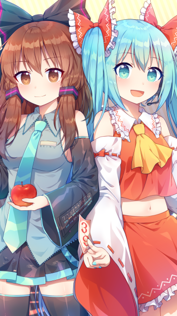 Vocaloid Touhou Reimu Hakurei Hatsune Miku Anime crossover Phone Wallpaper