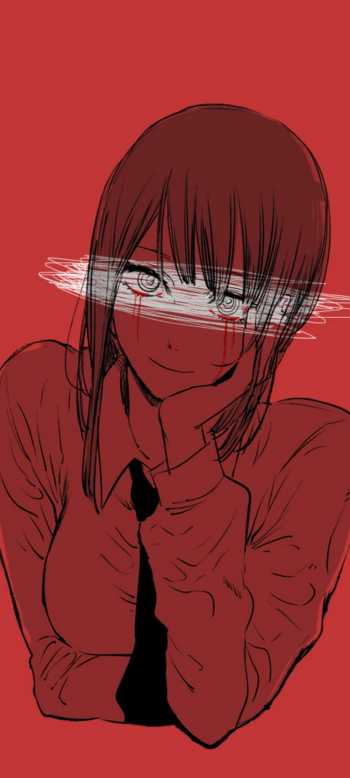 Makima (Chainsaw Man) anime phone wallpaper — red monochrome portrait with a smeared white band over her eyes, relaxed shirt-and-tie pose, formatted for iPhone and Android phones.