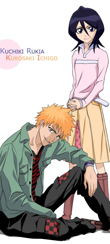 Phone wallpaper of Bleach anime: Ichigo Kurosaki seated with Rukia Kuchiki standing beside him on a simple white background.
