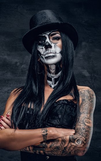 black hair sugar skull hat blue eyes woman tattoo Phone Wallpaper