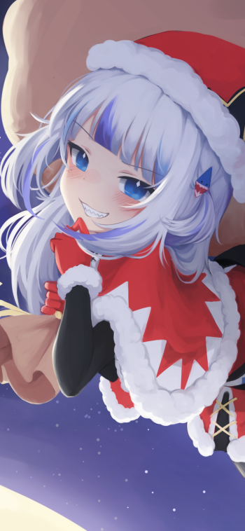 santa hat white hair blue eyes Gawr Gura hololive Anime Virtual Youtuber Phone Wallpaper
