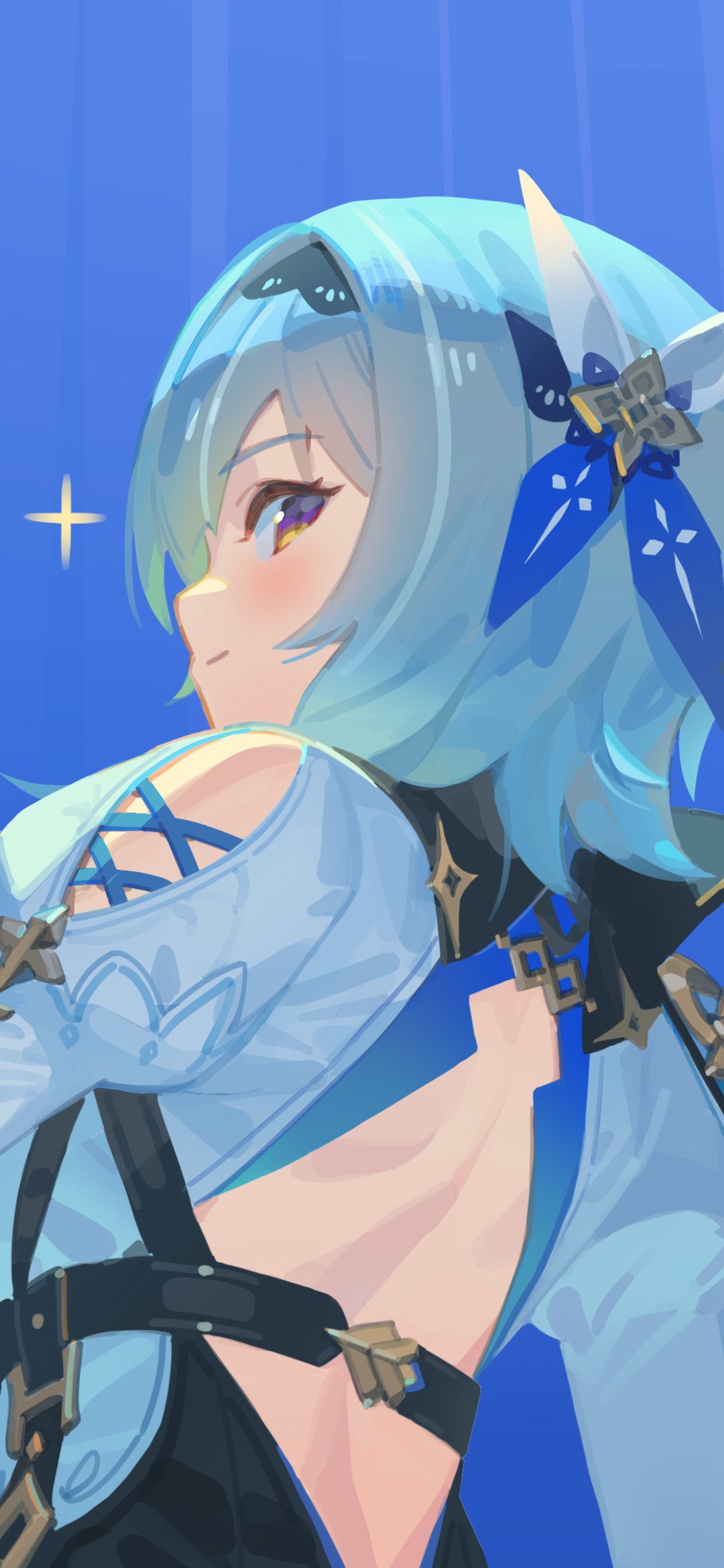 Phone wallpaper of Eula (Genshin Impact), the video game character: side portrait with icy blue hair, blue outfit and crystal hair ornament against a vertical blue gradient background.