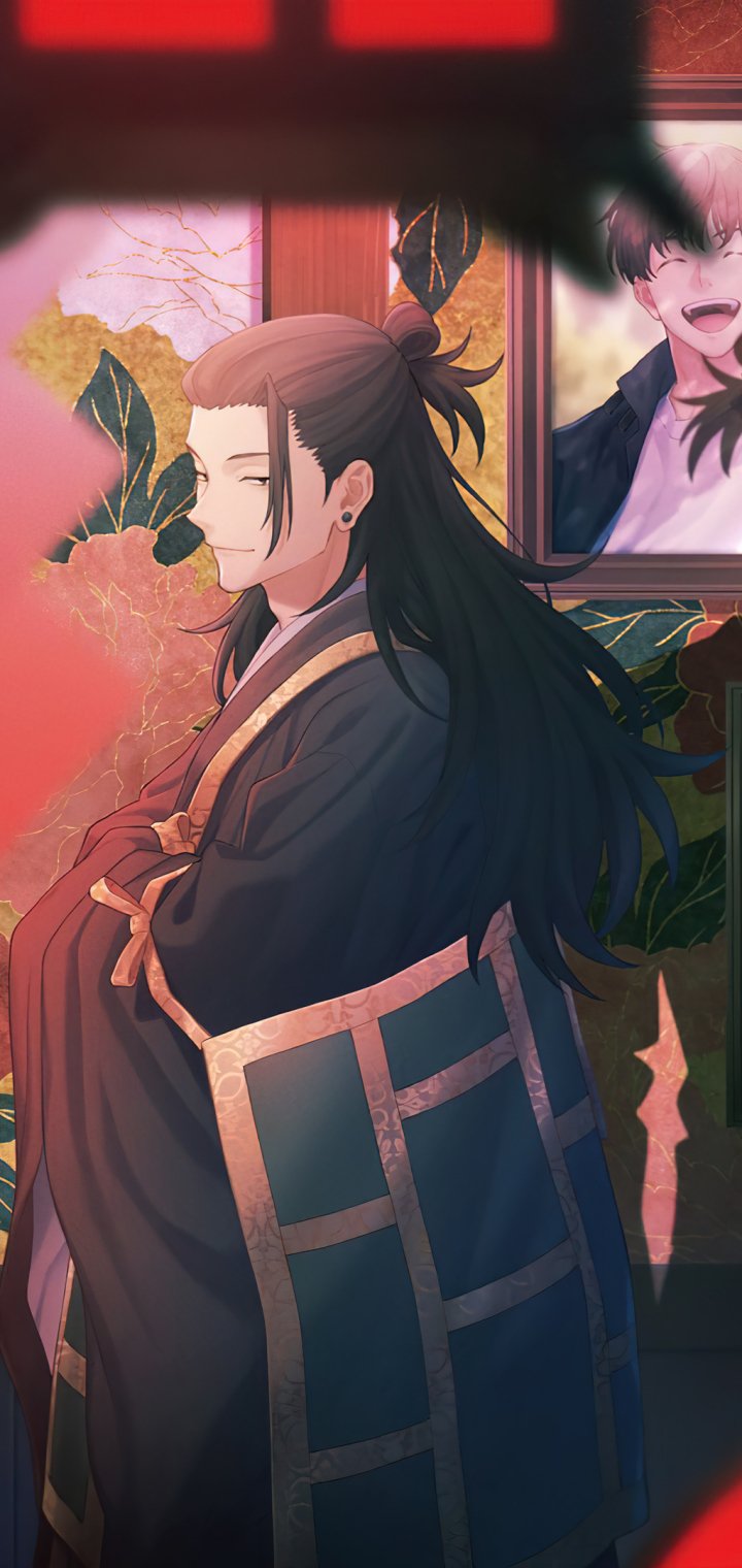 Phone wallpaper of Suguru Geto from Jujutsu Kaisen — side profile with long black hair in traditional robes, warm floral backdrop and a framed portrait behind him.