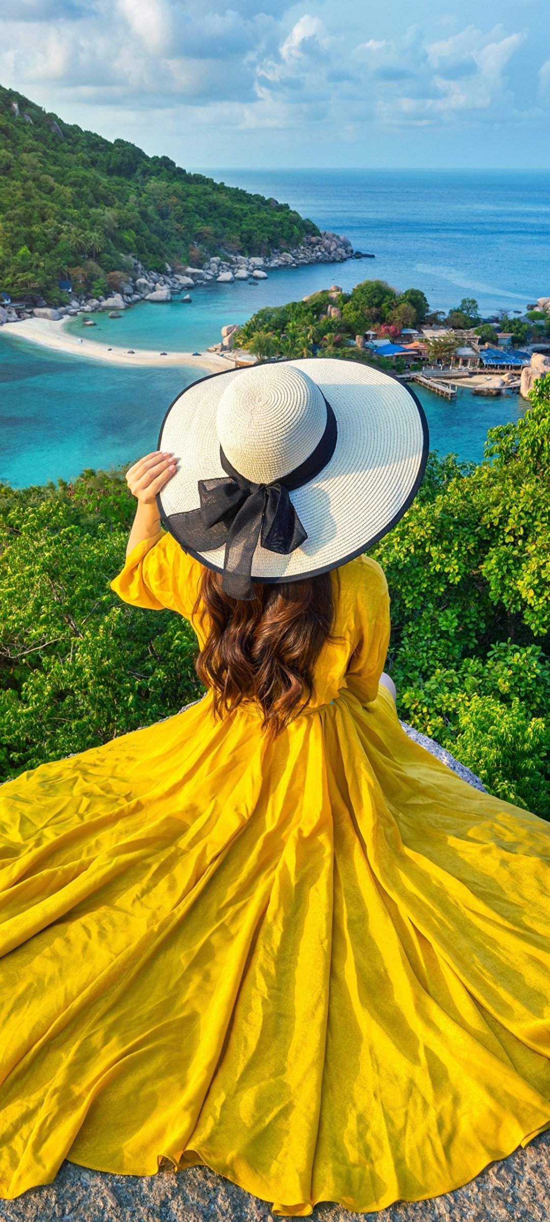 Download Yellow Dress Hat Thailand Woman Rear Phone Wallpaper
