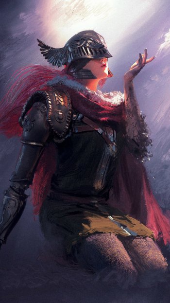Phone wallpaper of Malenia, Blade of Miquella from the video game Elden Ring: blindfolded armored warrior kneeling, red scarf flowing under ethereal light.