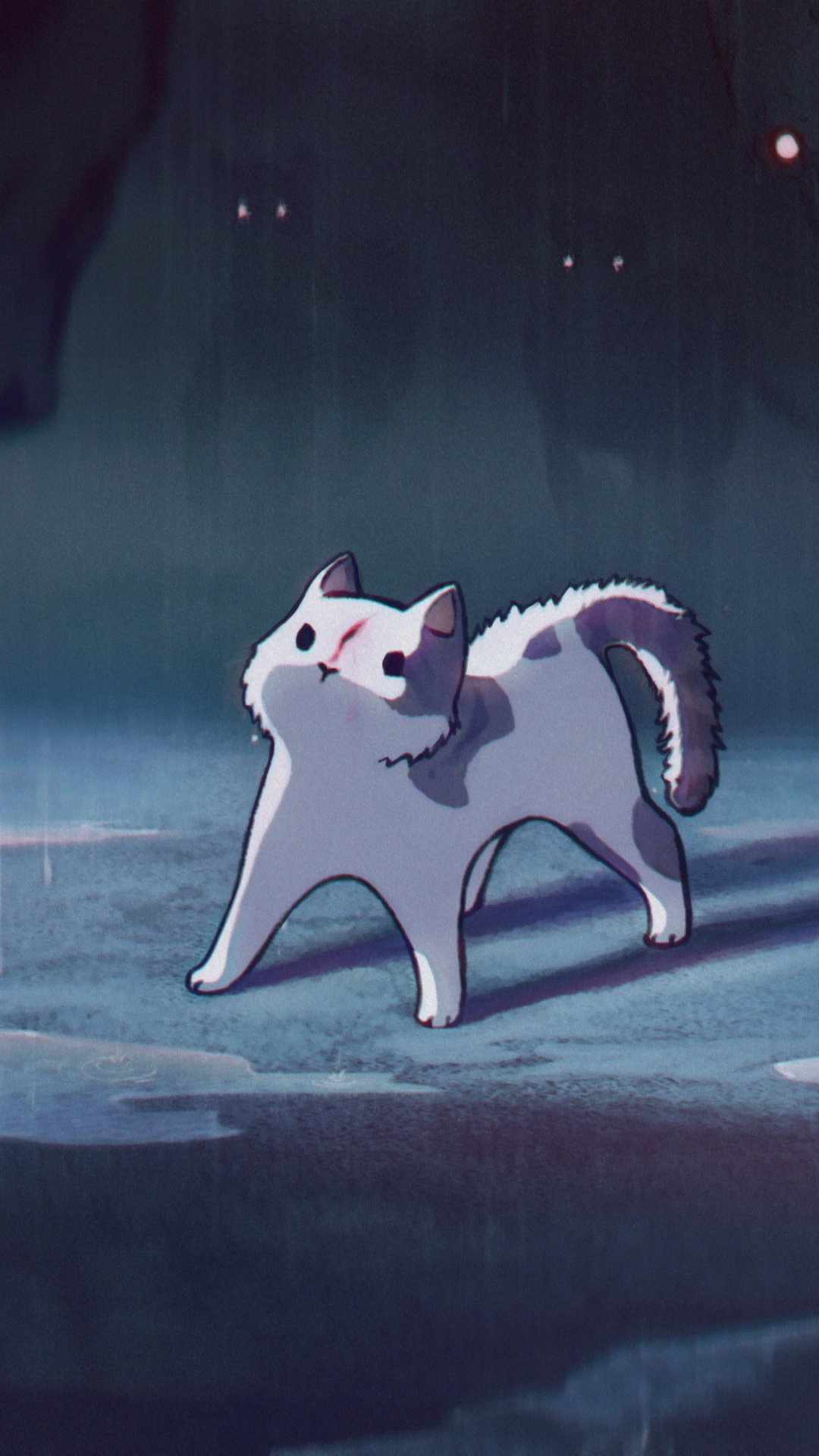 Phone wallpaper of an anime cat standing on moonlit blue ground, gazing upward as faint glowing eyes peer from the surrounding shadows.