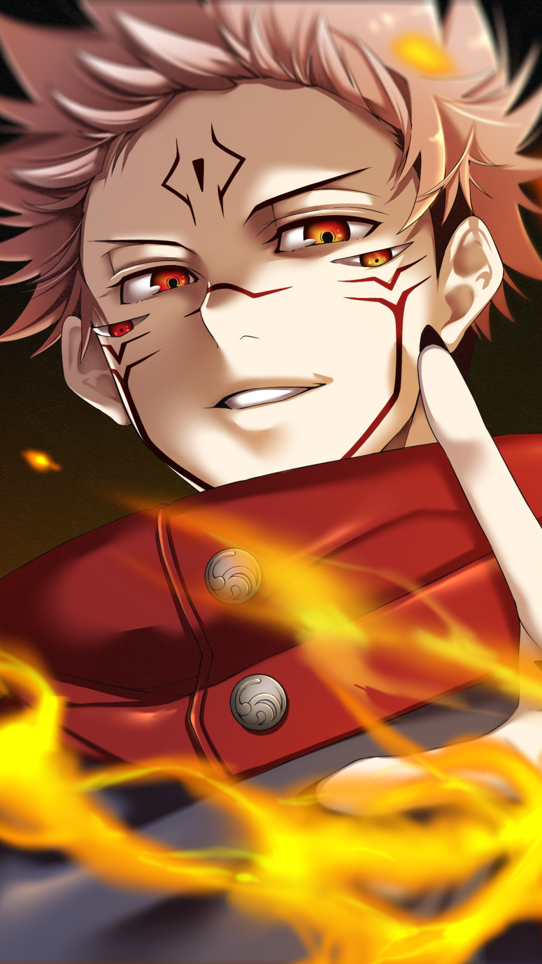 Phone wallpaper of Sukuna (Jujutsu Kaisen): close-up anime portrait with pink hair, red eyes, cursed facial markings, flames around his red jacket and a sly smirk.