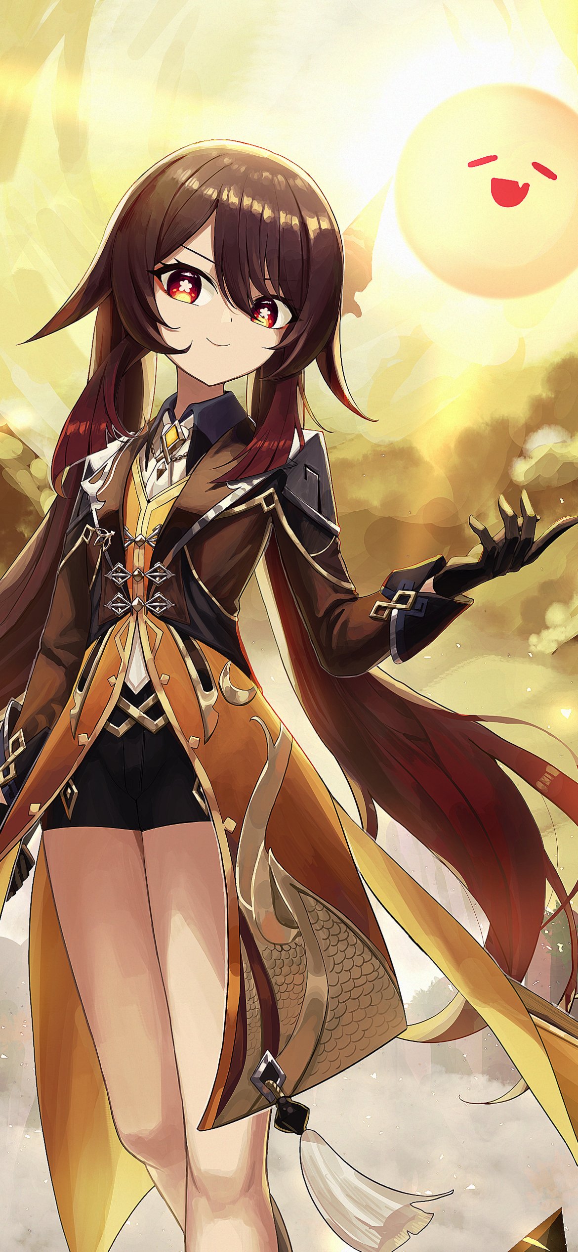 Phone wallpaper featuring Hu Tao from the video game Genshin Impact: she stands in warm golden light, smiling with a small floating ghost companion.