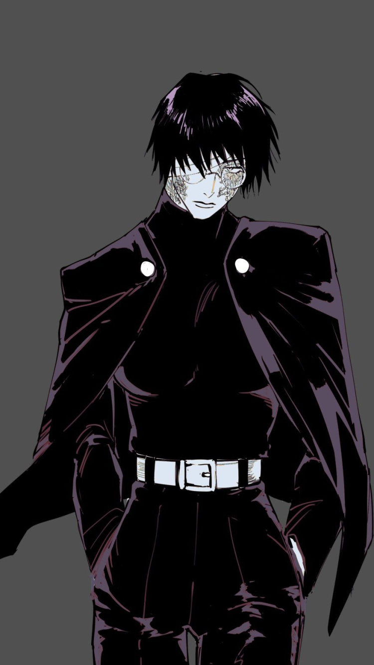 Phone wallpaper of Maki Zenin (Jujutsu Kaisen): stoic, full-body anime portrait in a dark outfit and cape against a gray background.