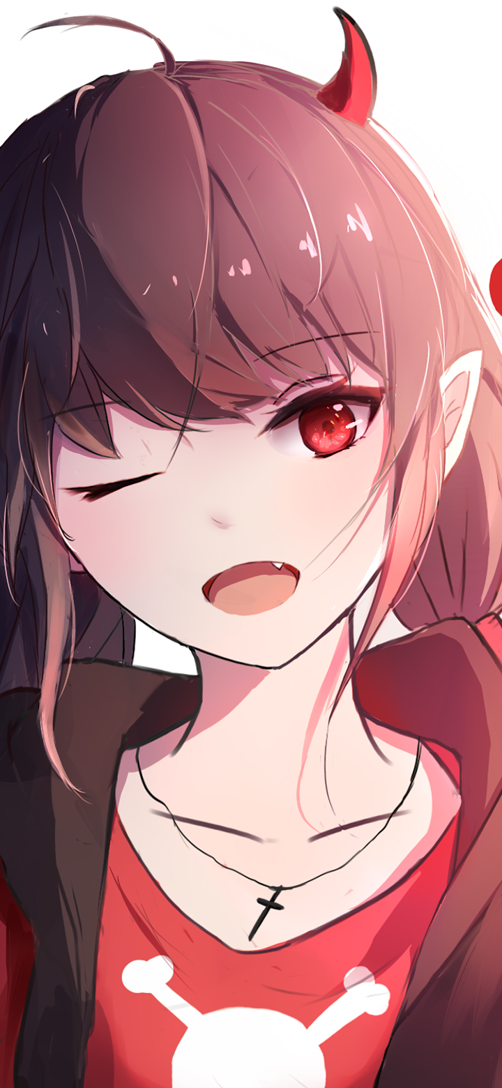 Phone wallpaper of an anime girl winking with vivid red eyes, short brown hair and a small red horn, smiling in a red shirt with a cross necklace.