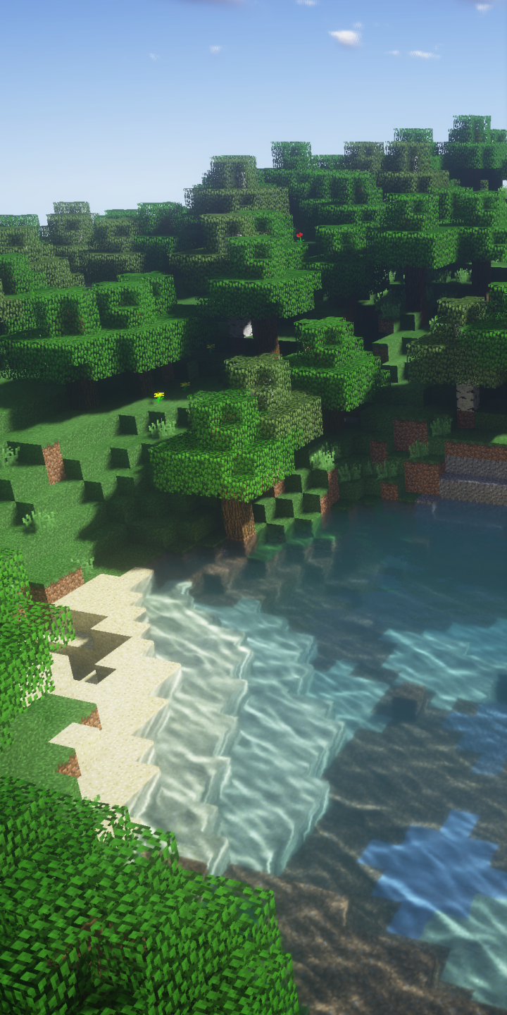 Phone wallpaper of a Minecraft summer scene: sunlit blocky forest meeting a clear seaside cove beneath a bright blue sky.