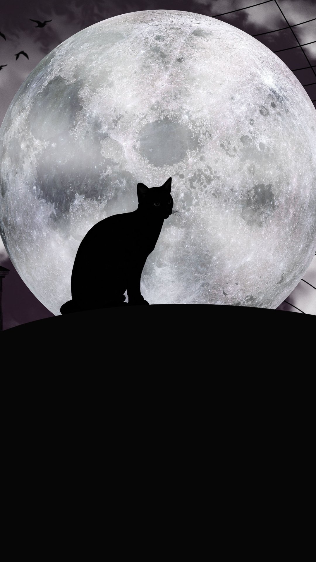 Phone wallpaper featuring a black cat silhouette against a large full moon, with subtle Halloween and holiday elements in the background, designed for iPhone and Android screens.