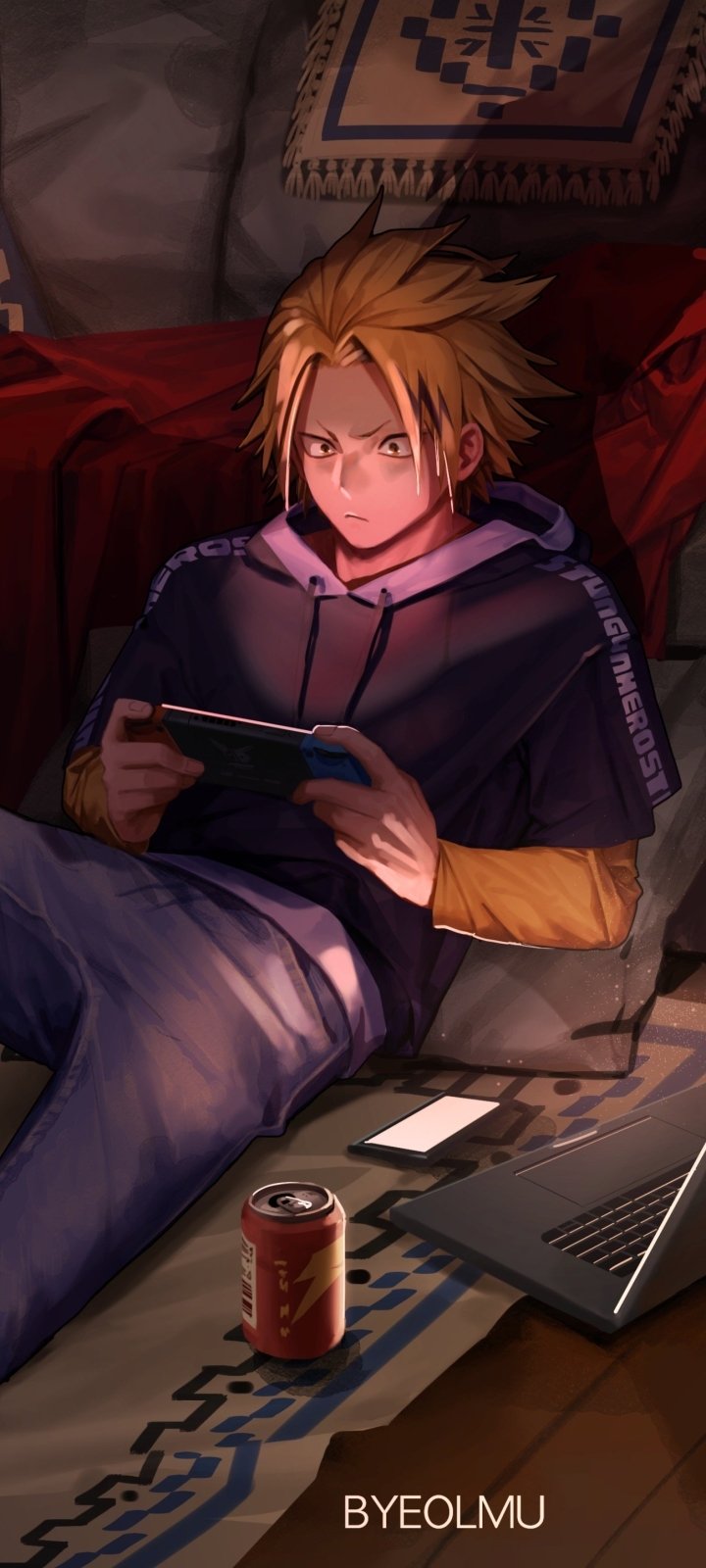 Phone wallpaper of Denki Kaminari (My Hero Academia) lounging on a bed, gaming on a handheld console beside a laptop and soda — vertical artwork for iPhone and Android
