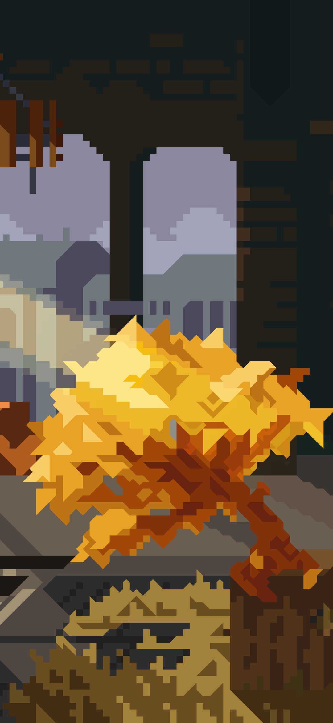 Artistic pixel art phone wallpaper: a warm golden-orange tree grows inside a shadowy, ruined station with arched openings and misty hills visible through them.