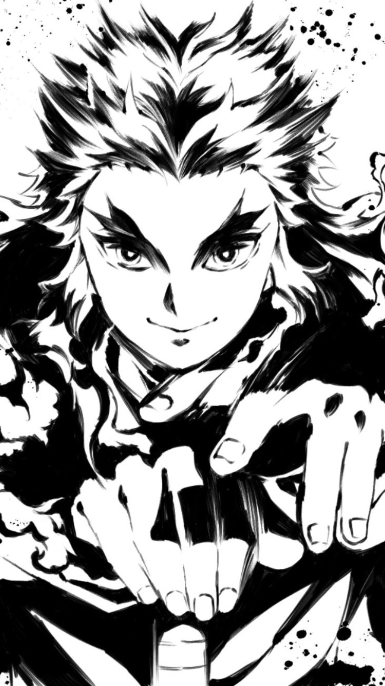Black-and-white manga phone wallpaper of Kyojuro Rengoku from Demon Slayer: Kimetsu no Yaiba — intense gaze, flame-like hair and hands reaching forward in a dynamic, high-contrast portrait.