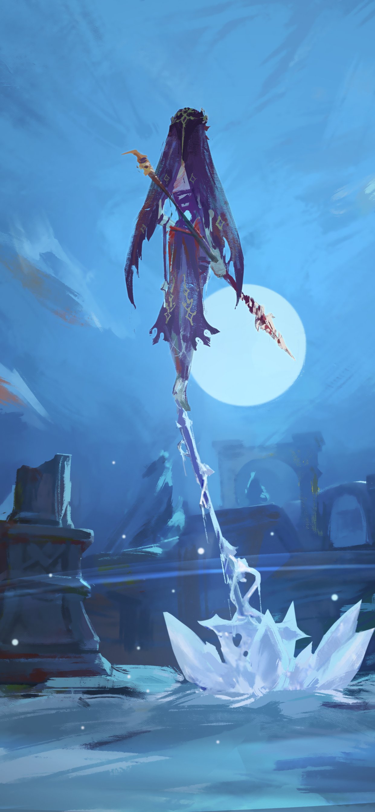 Phone wallpaper featuring Rosaria (Genshin Impact) from the video game: back view floating above icy water, polearm striking a crystalline splash beneath a full moon.