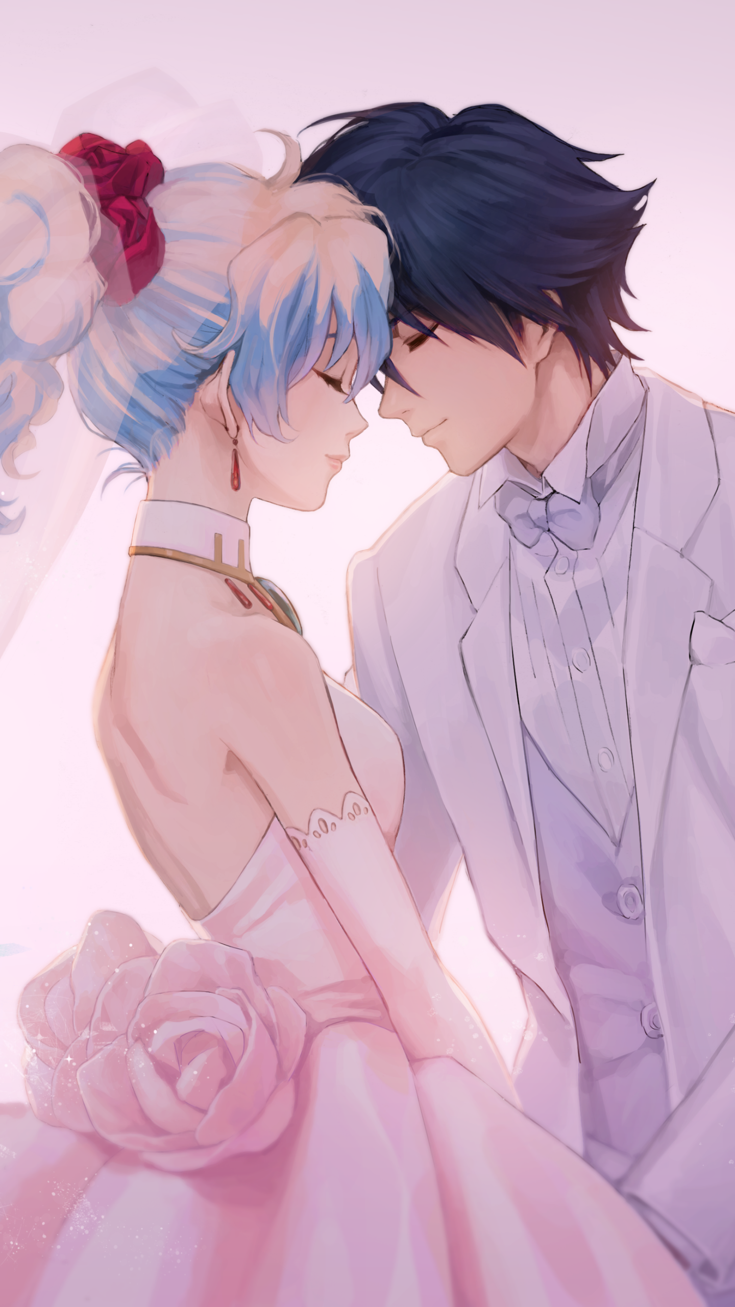 Phone wallpaper of Simon and Nia (Tengen Toppa Gurren Lagann) in wedding attire, foreheads touching in a tender, loving anime scene celebrating wedding and love.