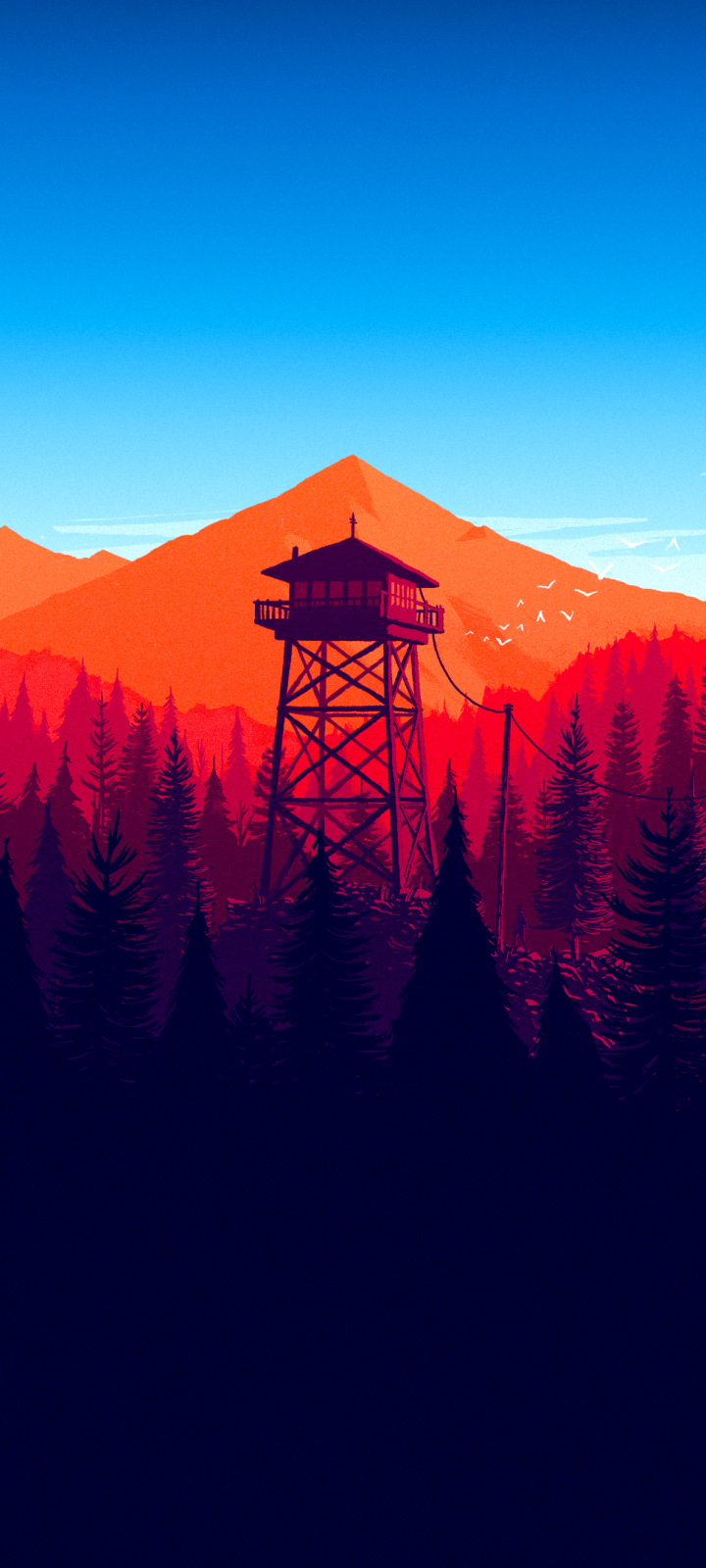 Phone wallpaper of Firewatch video game art: silhouetted fire lookout tower above pine forest, orange mountains and a vivid blue sky.
