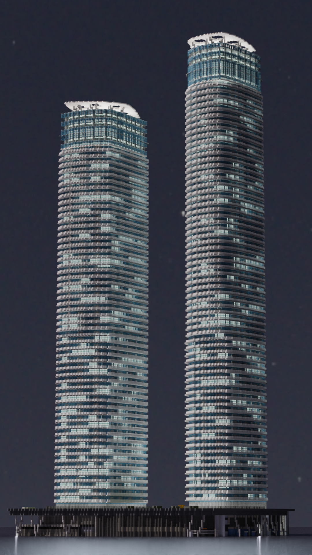 Phone wallpaper of two Toronto skyscrapers in Minecraft video game style, lit against a dark sky above a pier.