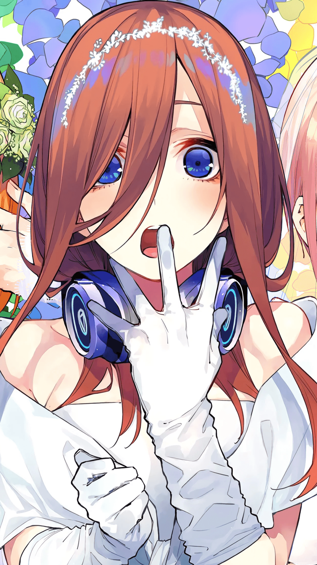 Phone wallpaper of Miku Nakano from The Quintessential Quintuplets: close-up anime portrait with red hair, blue eyes and headphones, gloved finger to lips, floral headband and pastel background.
