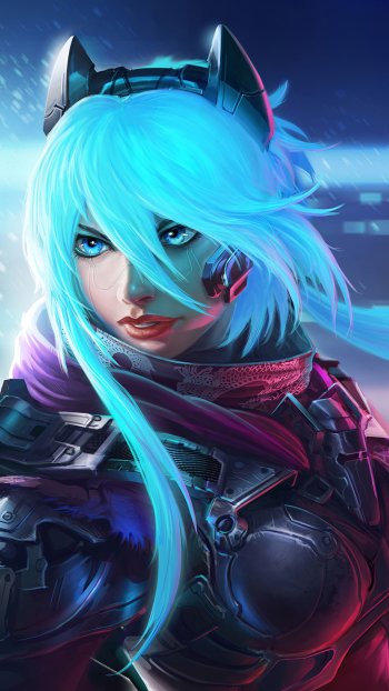 blue hair woman warrior Sci Fi cyberpunk Phone Wallpaper