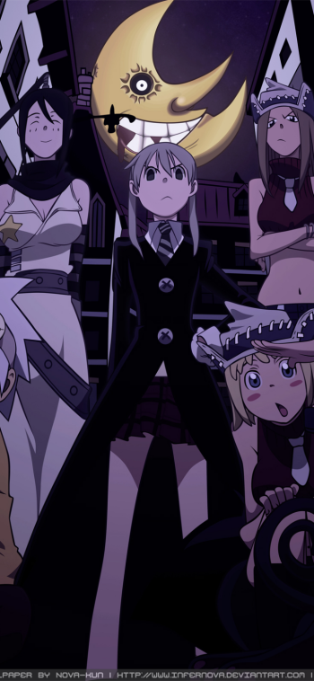 Anime Soul Eater phone wallpaper: dark purple scene with a grinning crescent moon overhead and a determined youth in black surrounded by three allies.