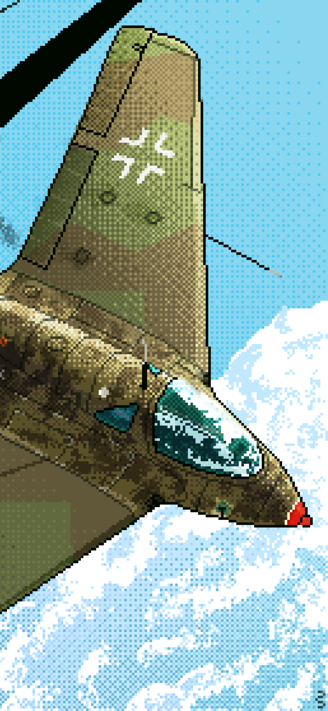 Pixel art of a vintage military aircraft soaring above clouds, designed as a vibrant phone wallpaper for both iPhone and Android devices.