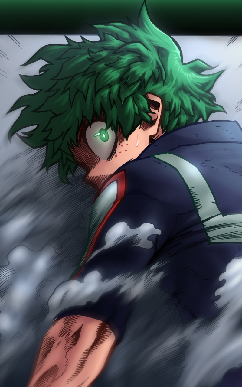 Phone wallpaper of Izuku Midoriya (My Hero Academia) in anime style: side profile with green hair, battle-worn hero costume and swirling smoke.