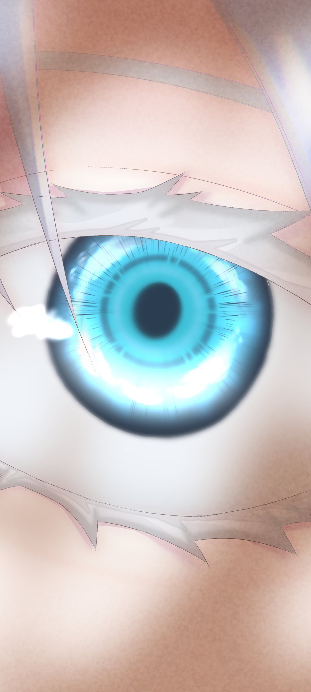 Vertical phone wallpaper: close-up of Satoru Gojo's glowing cyan anime eye from Jujutsu Kaisen, intense stylized iris with light reflections and hints of his white blindfold and lashes.