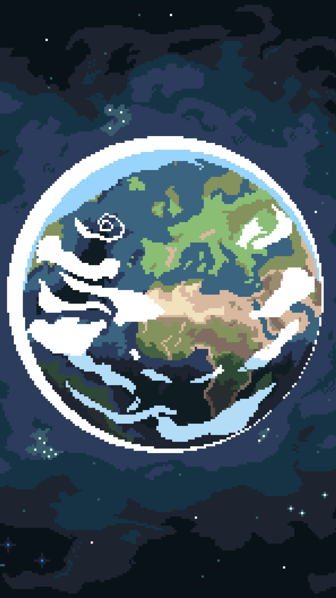 Artistic pixel art wallpaper of Earth viewed from space, designed for clear display on both iPhone and Android phone screens.