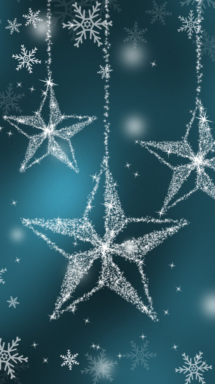 Phone wallpaper: glittering hanging stars and snowflakes on a teal background, festive holiday Christmas motif.
