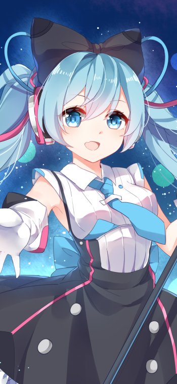 Phone wallpaper of Hatsune Miku, the iconic anime Vocaloid, with bright blue eyes and twin tails against a starry night background, designed for iPhones and Android devices.