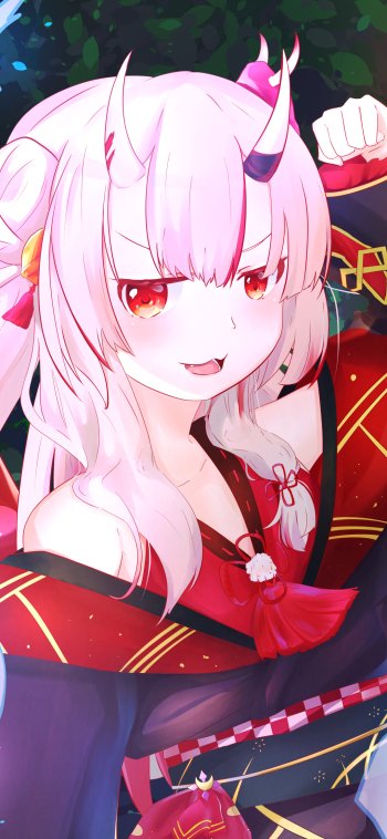 horns red eyes pink hair Nakiri Ayame hololive Anime Virtual Youtuber Phone Wallpaper