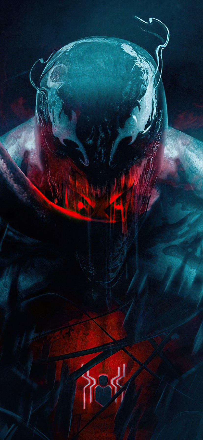 Comic Venom phone wallpaper: close-up of Venom's hulking head and shoulders, glossy black symbiote skin, white eyes, dripping red mouth and glowing spider emblem on a dark, moody background.