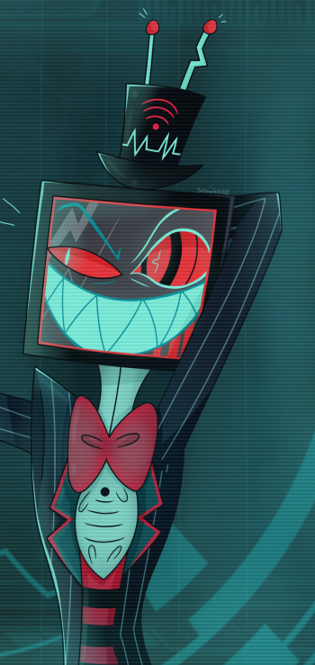 Phone wallpaper featuring Vox from the Hazbin Hotel TV show with a dark teal background and his signature red eyes and wide grin.