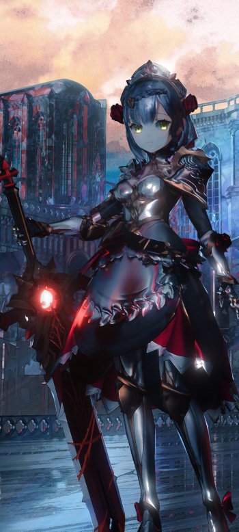 Phone wallpaper of Noelle (Genshin Impact) from the video game: armored maid with glowing claymore and yellow eyes, standing amid a ruined, moonlit city lit in red and blue.