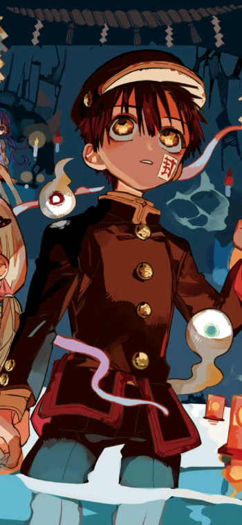 Phone wallpaper of Hanako-kun from Toilet-bound Hanako-kun: a young boy in a dark school uniform and headband with a talisman on his cheek, surrounded by floating ghostly eyes and shrine lanterns.