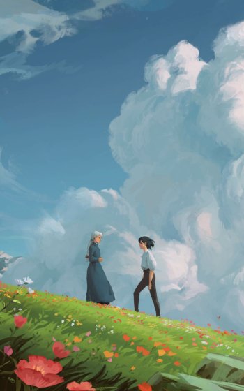 Anime-inspired Howl’s Moving Castle phone wallpaper featuring two characters on a flower-covered hill beneath a vast, dreamy sky, compatible with iPhones and Android devices.