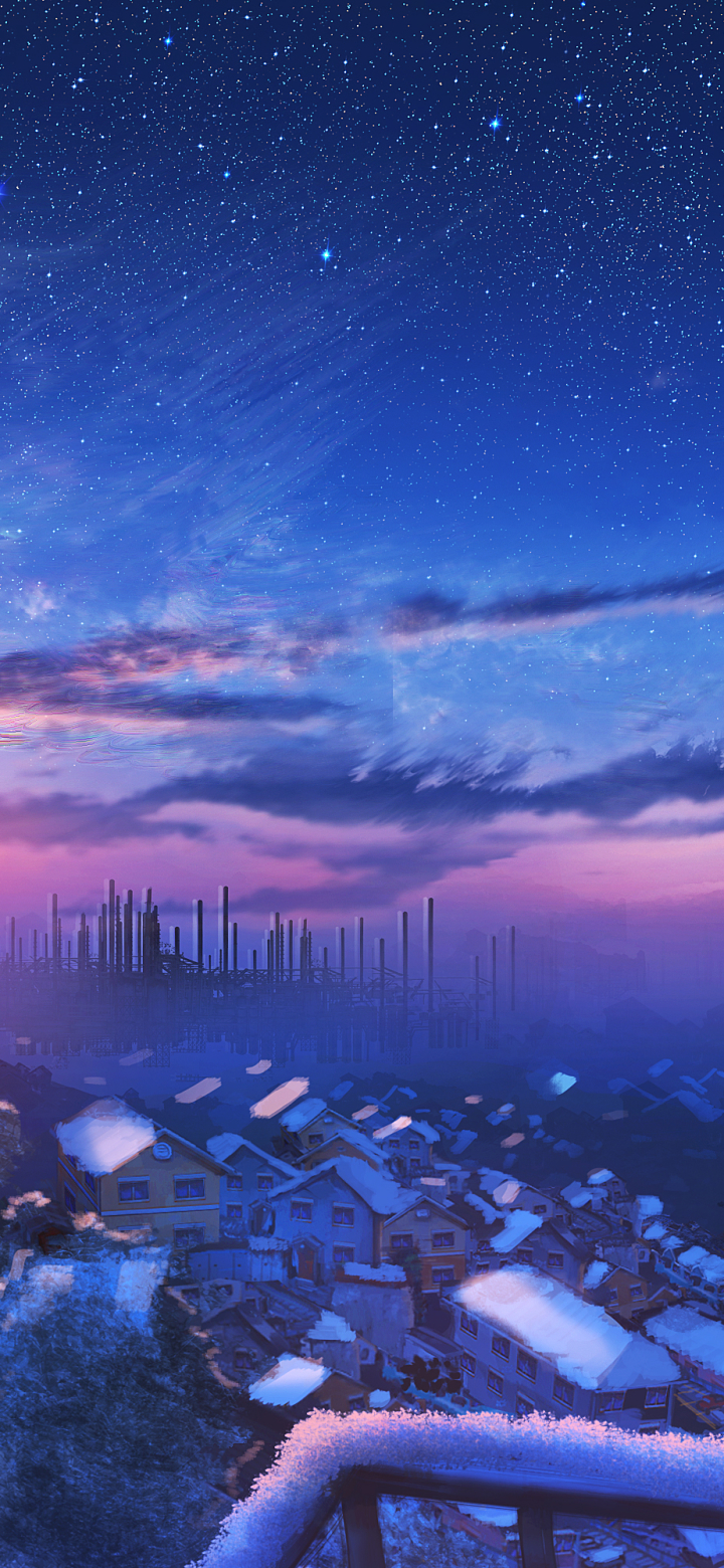 Girl on top of the roof over sunset and starry sky by ナコモ