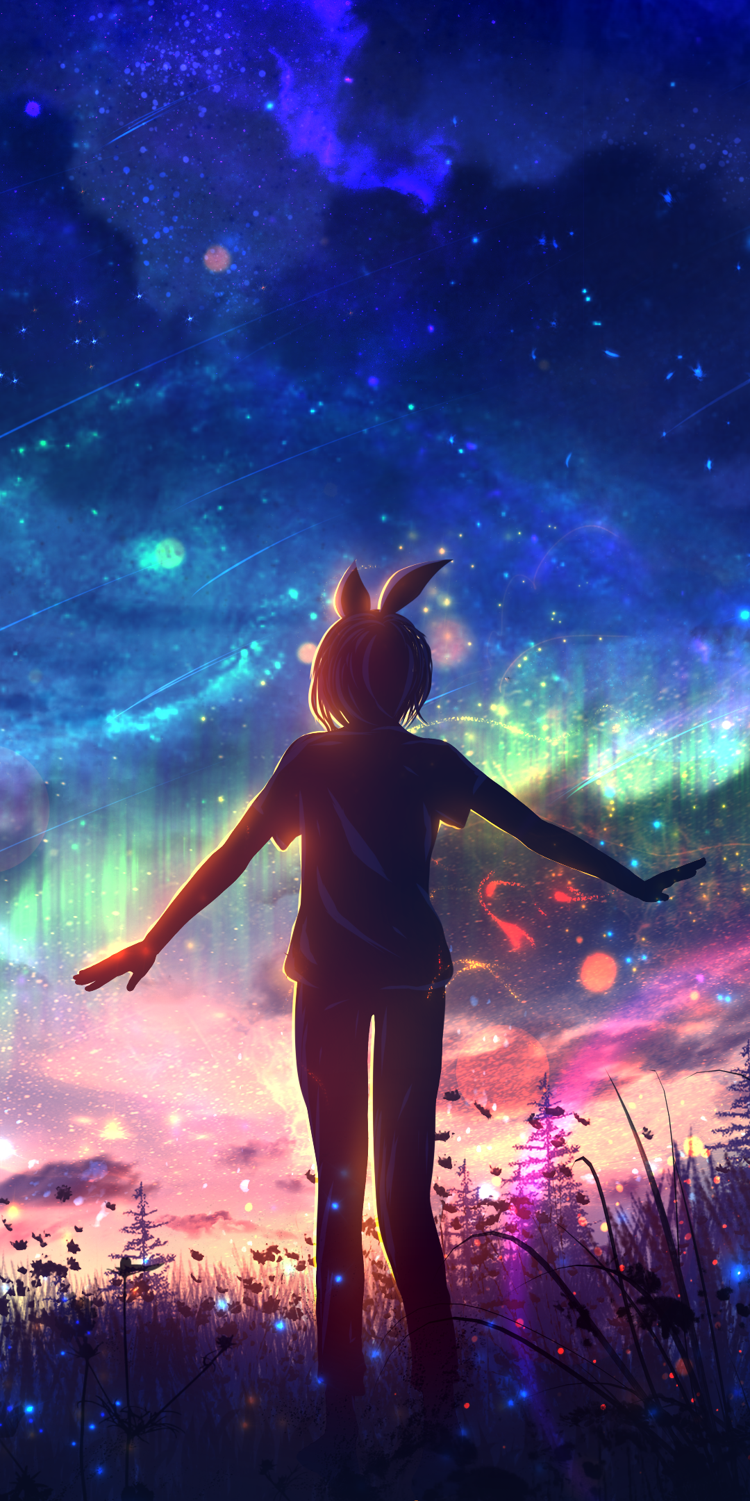 Phone wallpaper, anime night: silhouetted anime figure with rabbit-eared hood gazes at a starry, aurora-lit sky above glowing wildflowers.