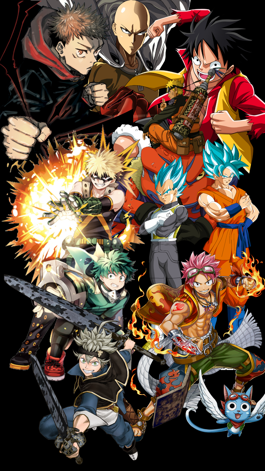 Download Naruto My Hero Academia Fairy Tail One-Punch Man Black Clover Jujutsu Kaisen Dragon Ball Super One Piece Anime Crossover Phone Wallpaper by chaitanya