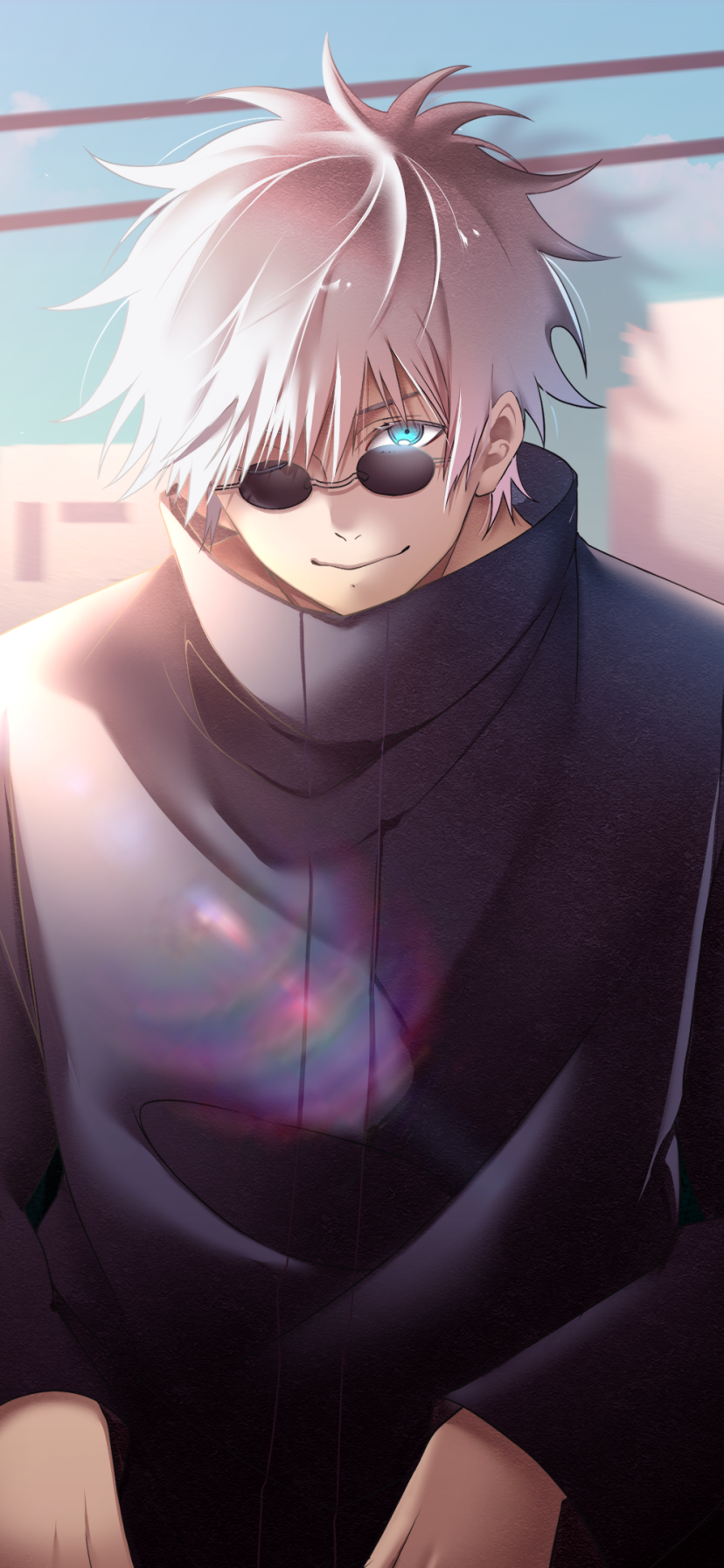 Phone wallpaper of Satoru Gojo (Jujutsu Kaisen): white-haired anime character in a dark school uniform with one eye covered, smirking against a pastel sky.