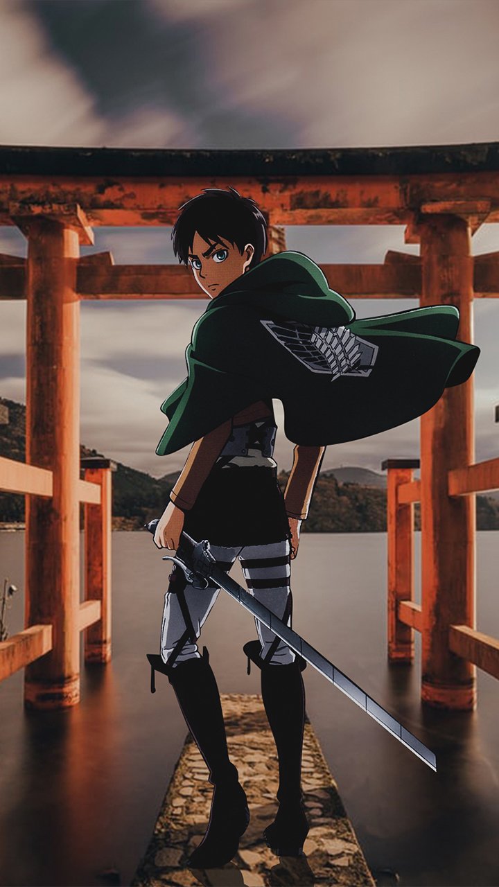 Phone wallpaper featuring Eren Yeager from Attack on Titan, set against a dramatic sunset with traditional torii gates, compatible with both iPhone and Android screens.