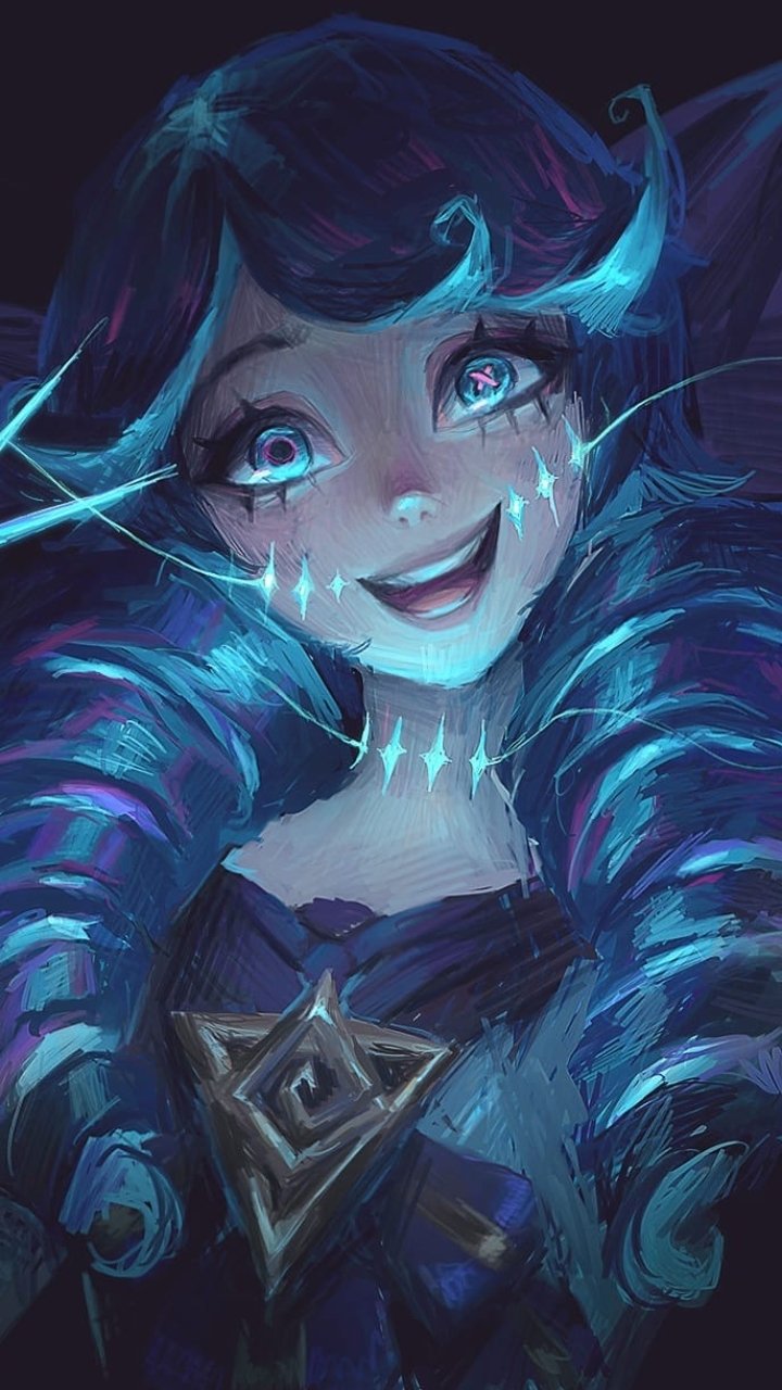 Gwen (League of Legends) video game phone wallpaper: smiling doll-like champion with glowing blue stitches, swirling teal curls and ethereal lighting.