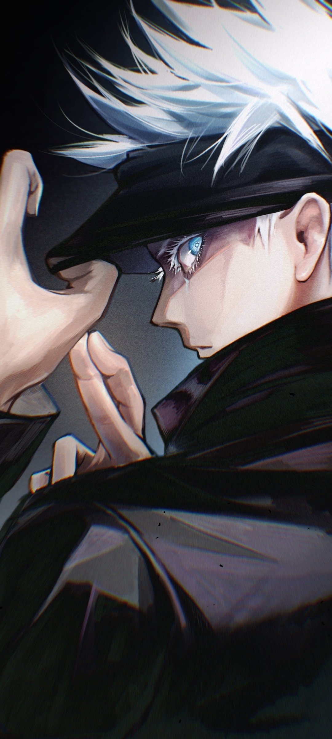 Phone wallpaper of Satoru Gojo from Jujutsu Kaisen — close-up profile with white hair, blindfold lifted to reveal a piercing blue eye, hand adjusting hat and collar against a dark background.